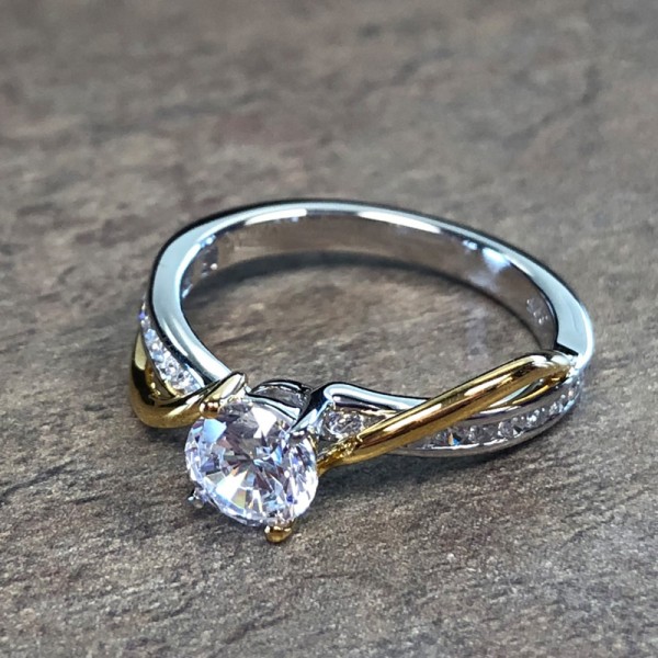 14K Two Tone Twisting Diamond Accent Engagement Ring